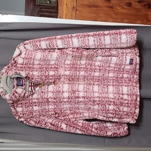 Touch of South Womens Faux Fur‎ 1/4 Zip Pullover Jacket Burgandy White Pl…